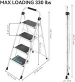 KINGRACK Escabeau 4 Marches Pliable, Escabeau Pliant avec Marchepied Antidérapant et Large, Mains Courantes, pour Adultes, Maison, Cuisine, Bureau, Escabot en Acier Robuste, Léger et Portable, Blanc – Image 3